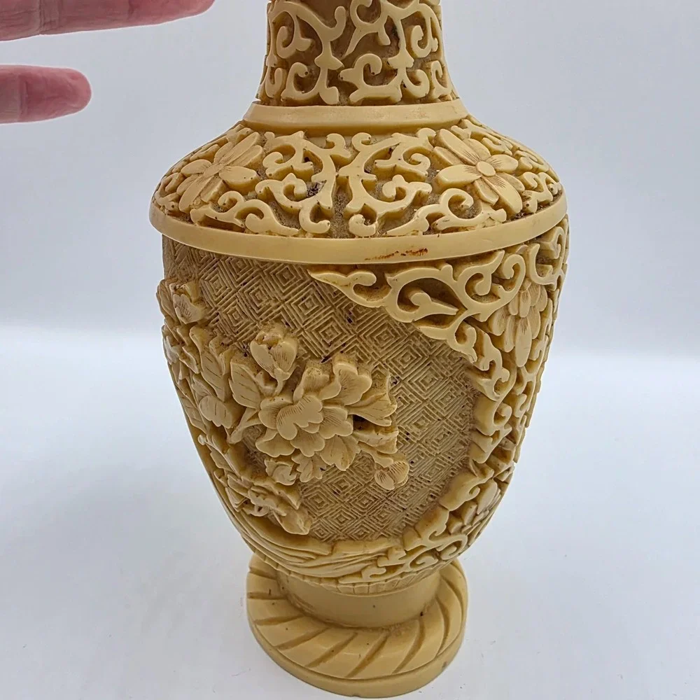 Vintage Carved Resin Floral Vase Asian Beige Signed 7.5